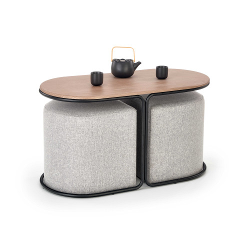 PAMPA, coffee table with pouffes, top: walnut, legs: black, pouffe: grey DIOMMI V-CH-PAMPA-LAW