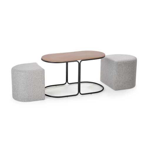 PAMPA, coffee table with pouffes, top: walnut, legs: black, pouffe: grey DIOMMI V-CH-PAMPA-LAW