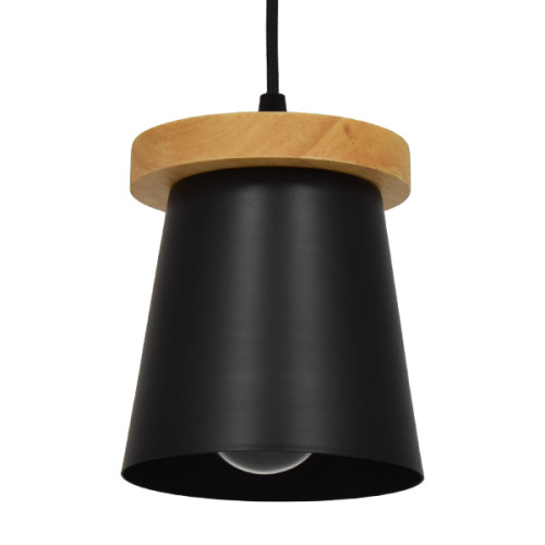  LANA 01424 Μοντέρνο Κρεμαστό Φωτιστικό Οροφής Μονόφωτο με Ξύλινη Βάση και Μαύρο Καπέλο Φ13 x Y17cm